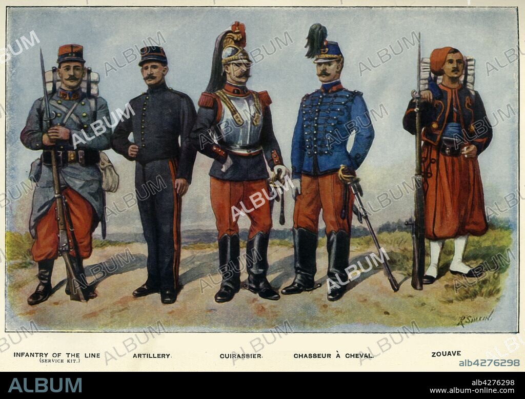 RICHARD SIMKIN. 'Types of the French Army', 1919. Soldiers serving in the First World War, 1914-1919: Infantry of the Line (service kit); Artillery; Cuirassier; Chasseur à Cheval; Zouave. From "The History of the Great European War: its causes and effects", Vol. II, by W. Stanley Macbean Knight. [Caxton Pulishing Company, Limited, London, 1919].