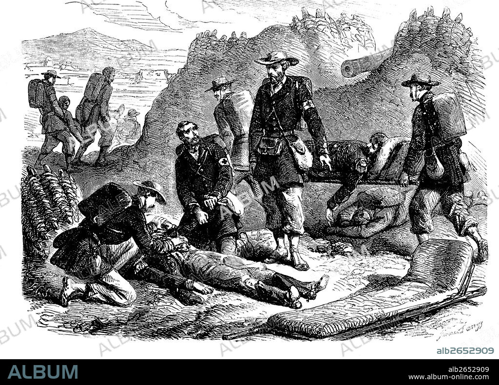 Enfermeros voluntarios suizos de la Cruz roja después de la batalla de Solferino por la unificación italiana. Grabado de 1863.
