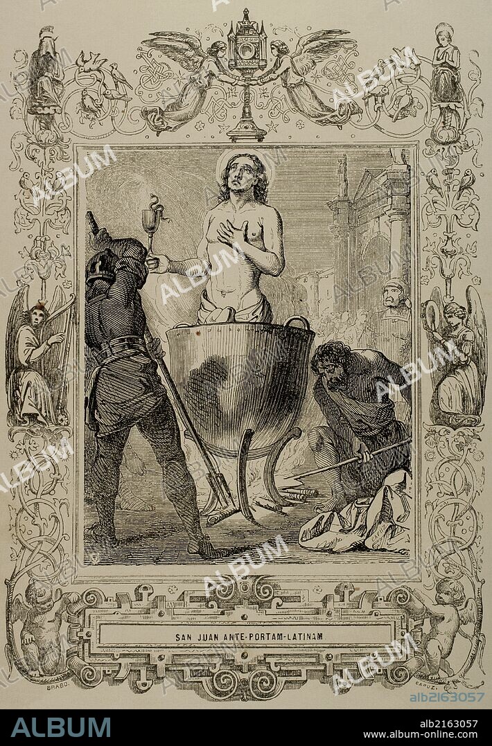 SAN JUAN EVANGELISTA (m.100). Apóstol y uno de los cuatro evangelistas. Grabado por Capuz "Año Cristiano", 1852. Representación de Juan el apóstol durante su martírio, por orden del emperador Domiciano. Salió milagrosamente ileso de un caldero de aceite hirviendo.