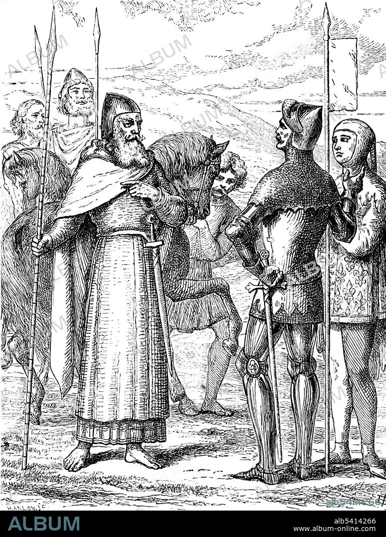 Dermot MacMurrough (1110 - May 1171) was a King of Leinster in Ireland. In 1167, he was deposed by the High King of Ireland - Ruaidri Ua Conchobair because Mac Murchada had abducted Derbforgaill, the wife of the King of Breifne, Tiernan O'Rourke. To recover his kingdom, Mac Murchada solicited help from King Henry II of England. His issue unresolved, he gained the military support of the Earl of Pembroke (AKA Strongbow). Strongbow was in opposition to Henry II due to his support for Stephen, King of England against Henry's mother in The Anarchy. An Illustrated History of Ireland by Mary Francis Cusack, 1868 (cropped and cleaned).