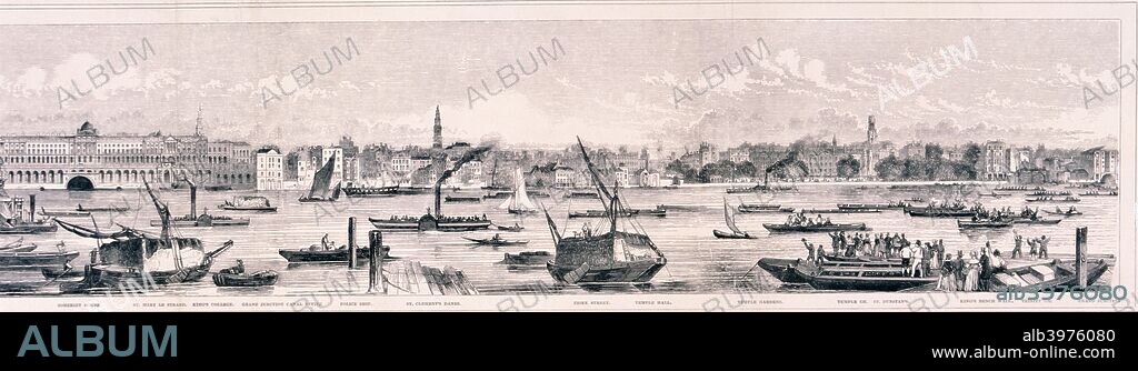 View of London from the River Thames showing St Clement Danes, Temple Gardens and King's Bench Walk.