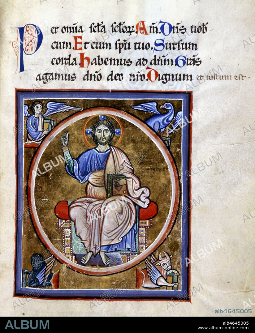 Christ en gloire avec les emblemes des quatres evangelistes : l'homme pour Matthieu, l'aigle pour Jean, le taureau pour Luc et le lion pour Marc. Enluminure tiree d'un missel ou d'un sacramentaire du 12eme siecle. (f°55). MENTION OBLIGATOIRE: BMIU-Clermont-Ferrand / photo Grob - Kharbine-Tapabor.