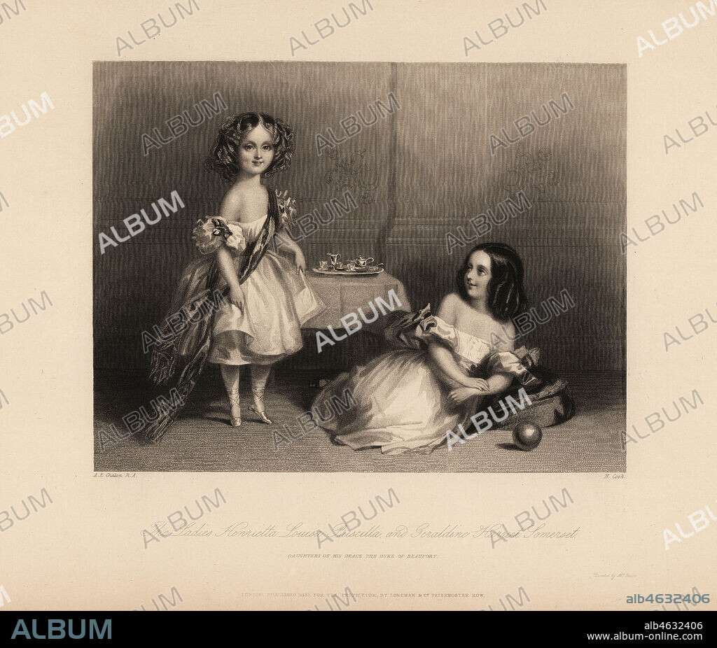 Henrietta Louisa Priscilla and Geraldine Harriet Somerset, daughters of Henry Somerset, 7th Duke of Beaufort. Two girls in off-the-shoulder dresses with ribbons, hair in ringlets, playing with a toy tea set and ball. Steel engraving by H. Cook after an illustration by Alfred Edward Chalon from Charles Heaths Portraits of the Children of the Nobility, Longmont, London, 1838.