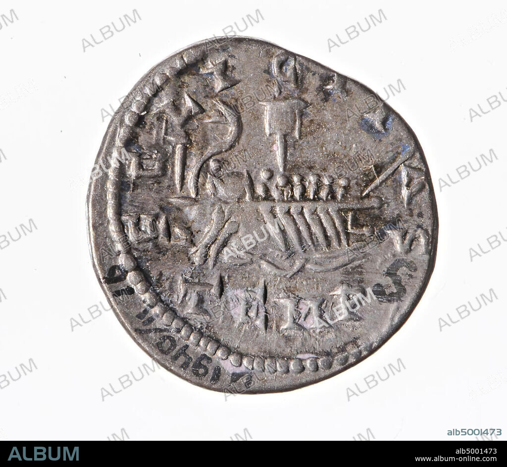 Vz: draped imperial bust r., ANTONINUS PIUS FEL AUG, Kz: ship with sail, 6 rowers and helmsman, n.r., FELICITAS TEMP, coin, denarius, Elagabalus, metal, silver, Diam. 19 mm, wt. 2.52 gr, roman 218-222, the Netherlands, unknown, unknown, unknown.