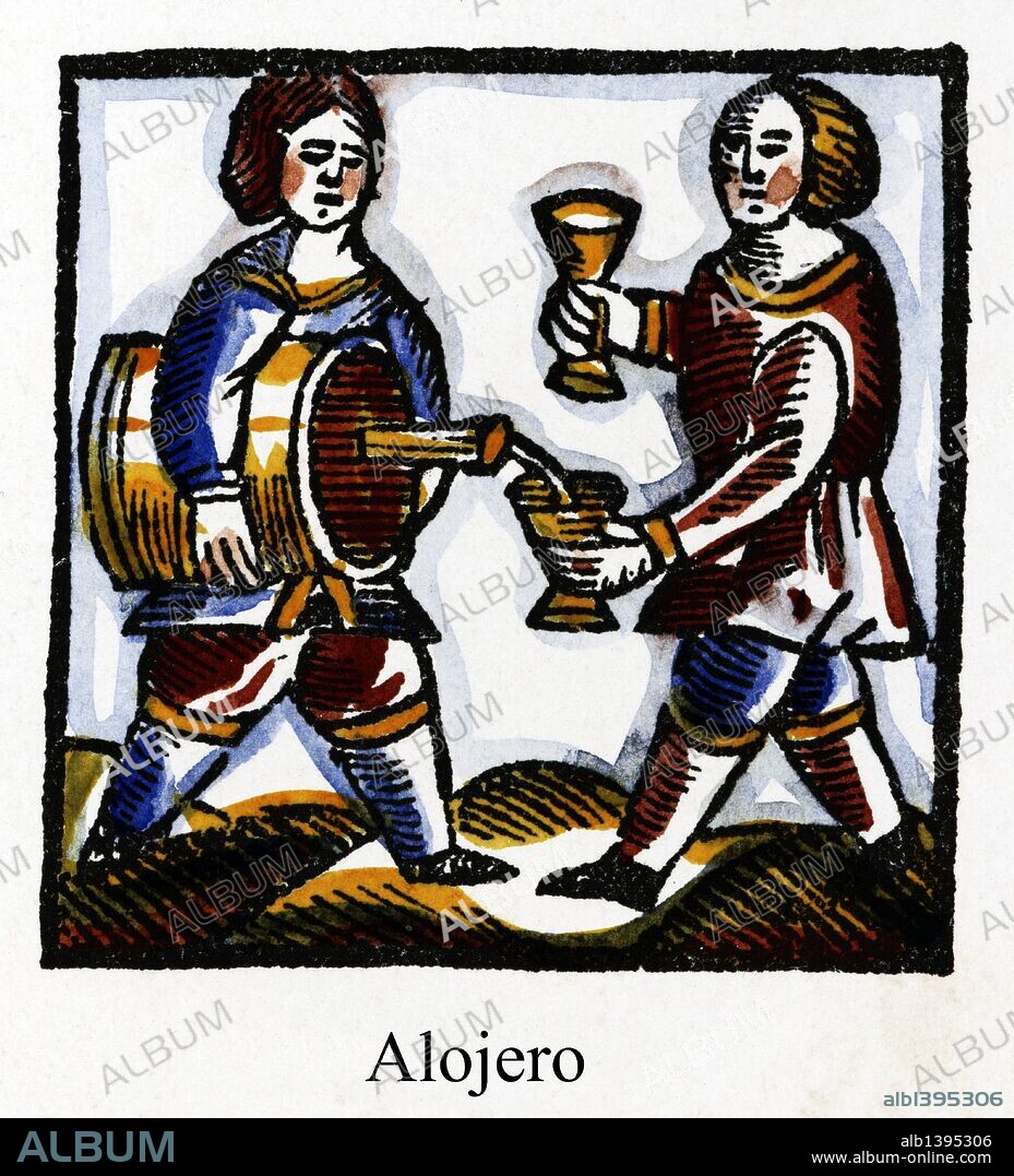 Artes y Oficios de Barcelona desde la Edad Media. Grabado al Boj del siglo XVIII. Alojero sirviendo aloja, refresco de miel y especias.