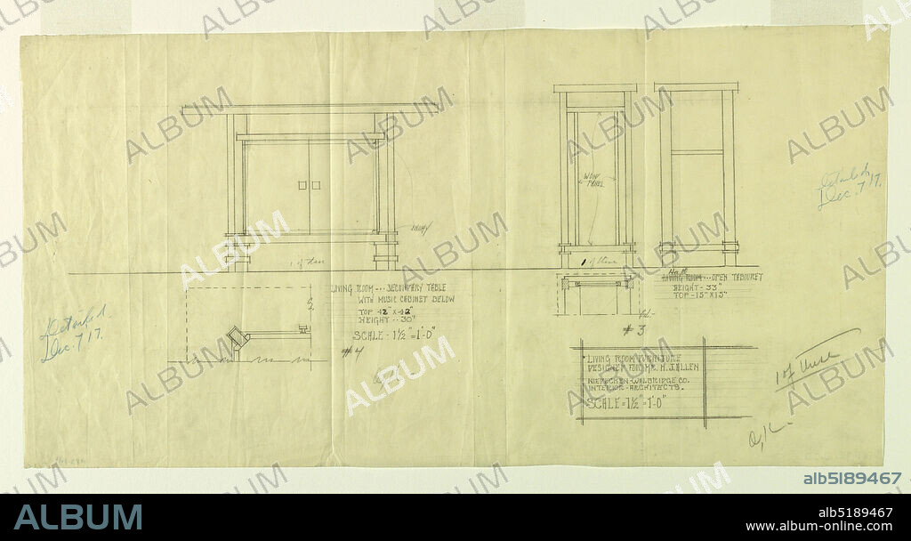 Living Room Furniture, Henry J. Allen Residence, Wichita, Kansas, Henry J. Allen, Elsie J. Nuzman (Mrs. Henry J.) Allen, Graphite, color pencil on cream tracing paper, Two table designs on sheet that is horizontal rectangle. On left, secondary table with music cabinet beneath table top. On right: two views of taller, thinner table., USA, 1917, furniture, Drawing, Drawing.