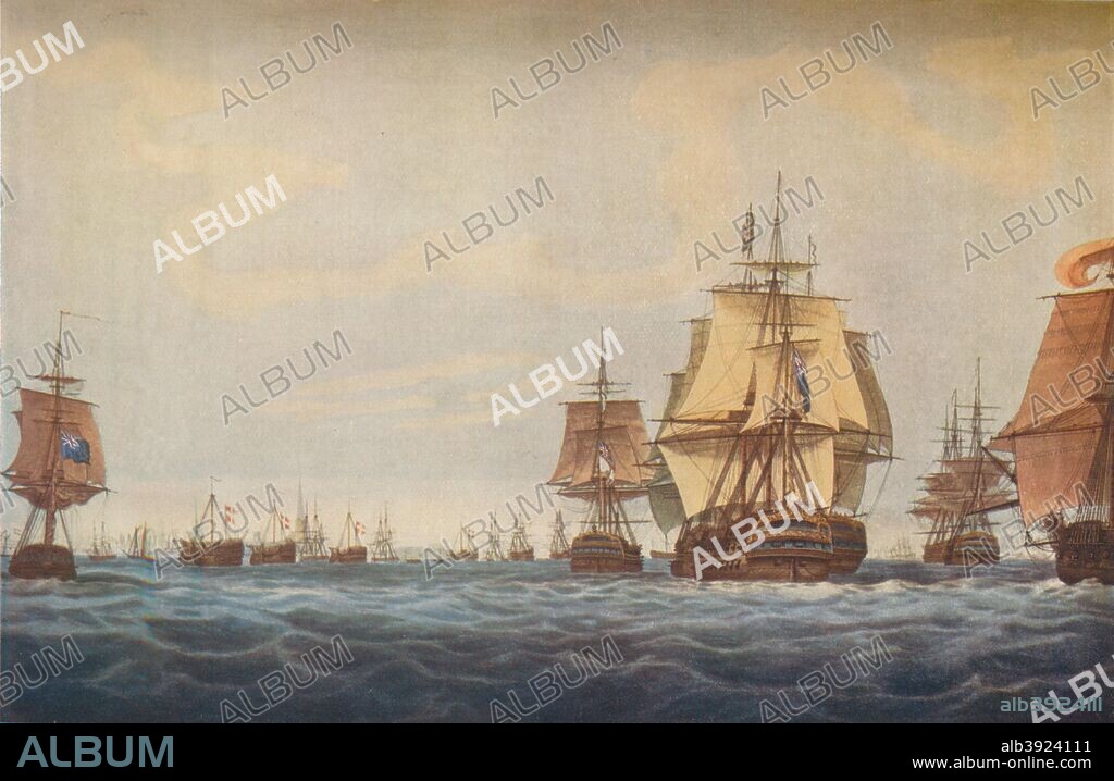 'Battle of Copenhagen, 1801. British Fleet Approaching', 1801. Admiral Lord Nelson won a victory over the Danish-Norrwegian fleet at the Battle of Copenhagen in 1801 after disregarding the order of his superior, Admiral Sir Hyde Parker, to withdraw. According to legend, Nelson put his telescope to his blind eye and claimed that he could not see Parker's signal. After Nicholas Pocock (1740-1821). From Old Ship Prints by E. Keble Chatterton. [John Lane The Bodley Head Limited, London & New York, 1927].
