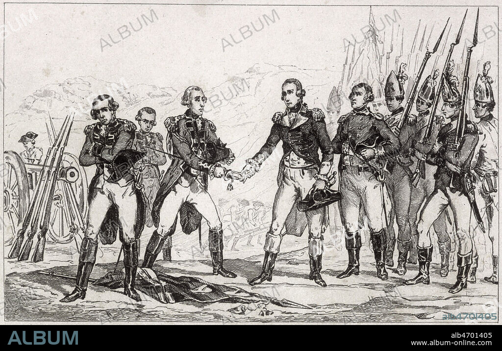 Capitulation du general anglais BURGOYNE a la bataille de Saratoga qui consacre l'independance des Etats-Unis en 1777. Illustration de 1839 par Charles VERNIER (1813-1892) pour Etats-Unis d'Amerique. L'Univers, Histoire et Description de tous les Peuples par ROUX de ROCHELLE (1762-1849). Credit : Collection Jonas/KHARBINE-TAPABOR.