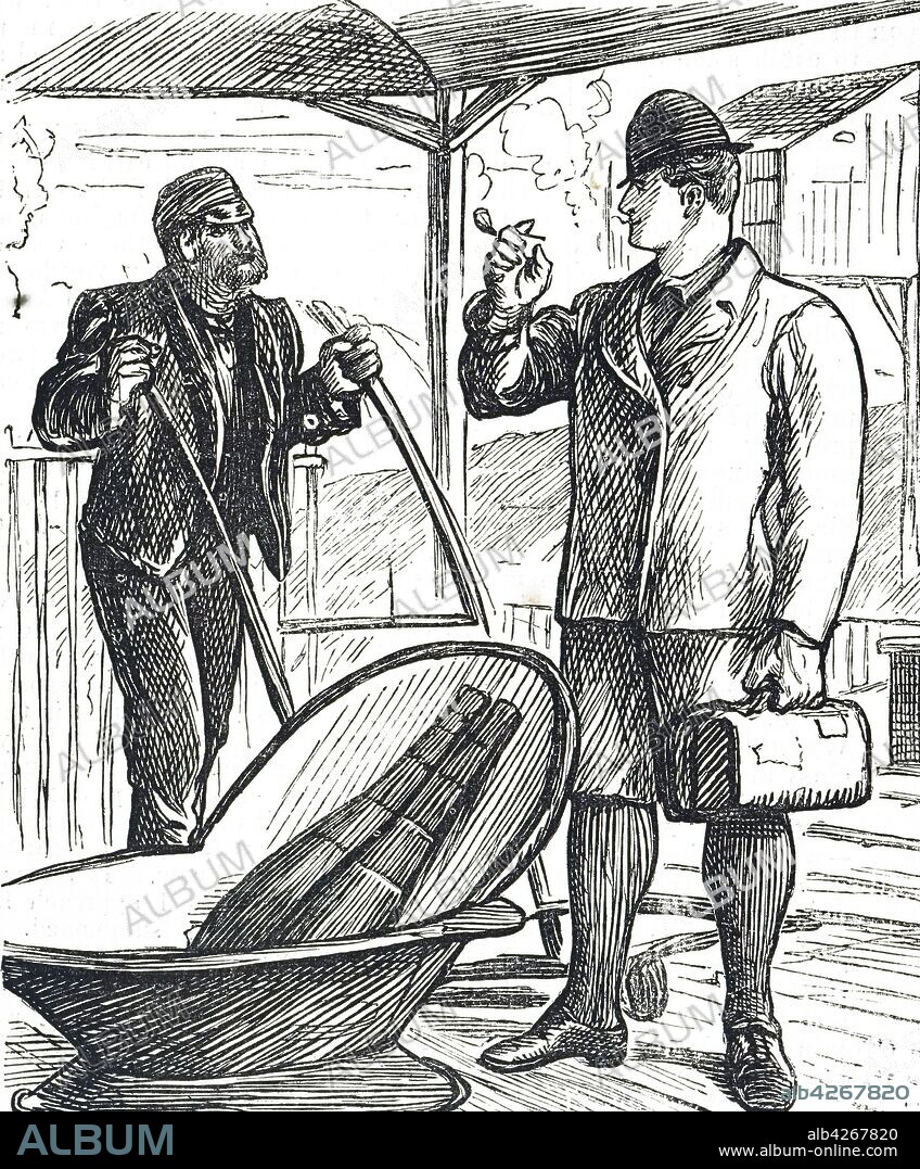 Cartoon depicting a portable hip-bath. Dated 19th century.