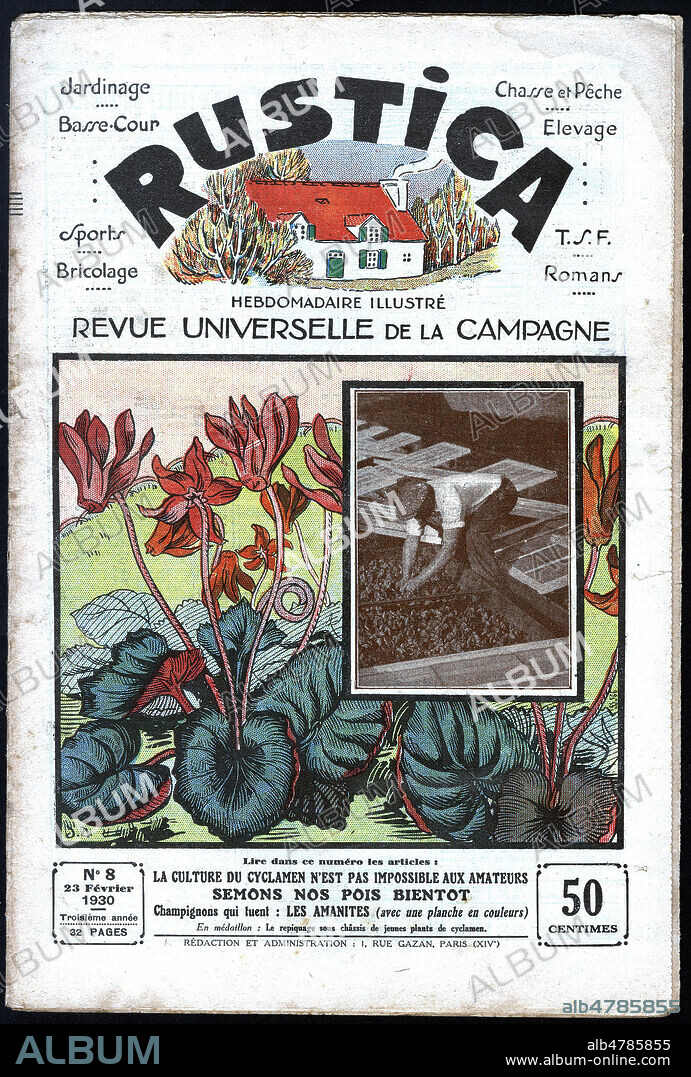 Repiquage de jeunes plans de Cyclamen, Couverture de Rustica, fevrier 1930. Illustration in Magazine RUSTICA, annees 20 - 30 . Credit Collection privee MA/KHARBINE TAPABOR.