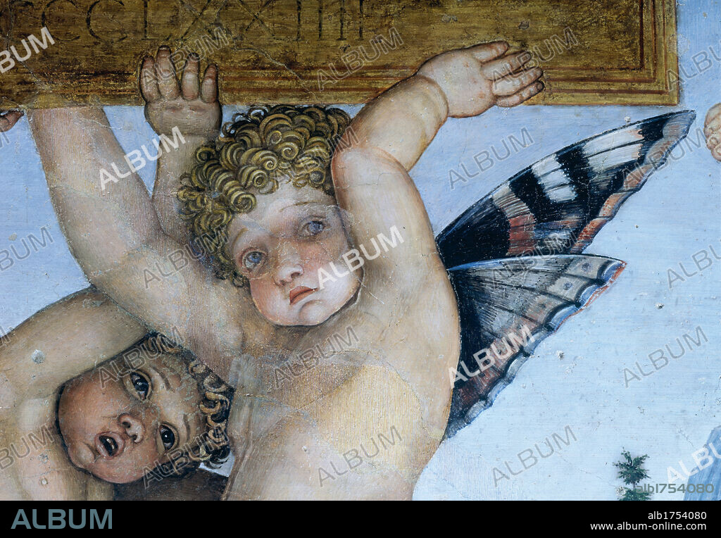 Decoration of the Camera degli Sposi (Camera Picta), by Mantegna Andrea, 1465-1474, 15th Century, fresco and "dry" tempera. Italy, Lombardy, Mantua, Ducal Palace. Detail. Putti; cherubs holding a plate with butterfly wings. Western wall The meeting between Ludovico Gonzaga and his sons Federico and Francesco. Central episode; scene..
