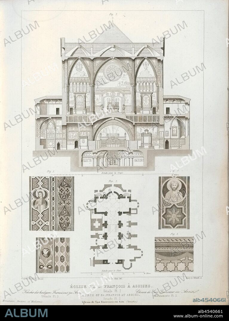 Church of St. Francis in Assisi. Details Pl. 2., Floor plan and cross section of the Basilica of San Francesco in Assisi, signed: d'après Mr. Albert Lenoir; Bury et Jourdan del, Bury et Ribault sculp, Pl., 26, Lenoir, Albert (inv.); Jourdan, Jean Marie (del. d'après Albert Lenoir); Bury, Jean Baptiste Marie (del. d'après Albert Lenoir et sc.); Ribault (sc.), 1853, Jules Gailhabaud: Monuments anciens et modernes: collection formant une histoire de l'architecture des différents peuples à toutes les époques. Paris: Librairie de Firmin Didot frères, 1853.