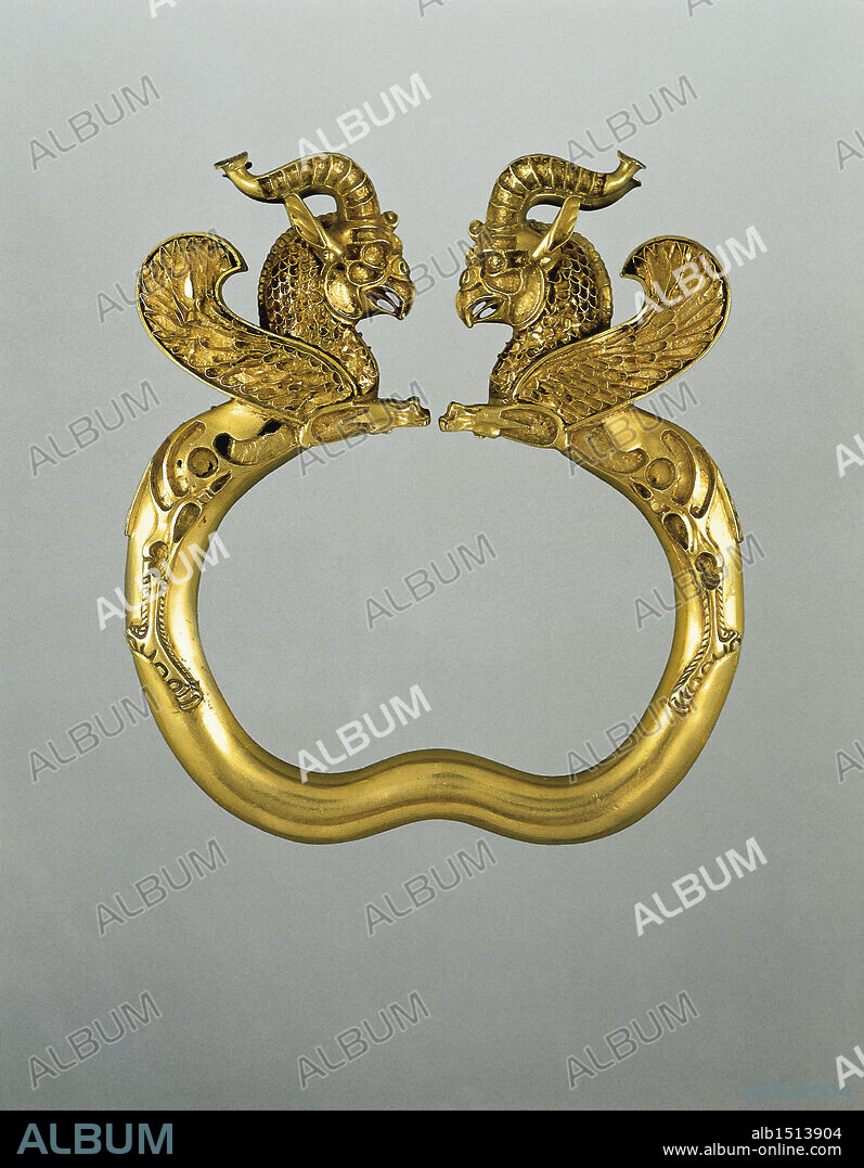 Persian civilization, Achaemenid Period, 5th-4th century b.C. Goldsmithery. Oxus treasure. Solid gold bracelet adorned by winged griffins.