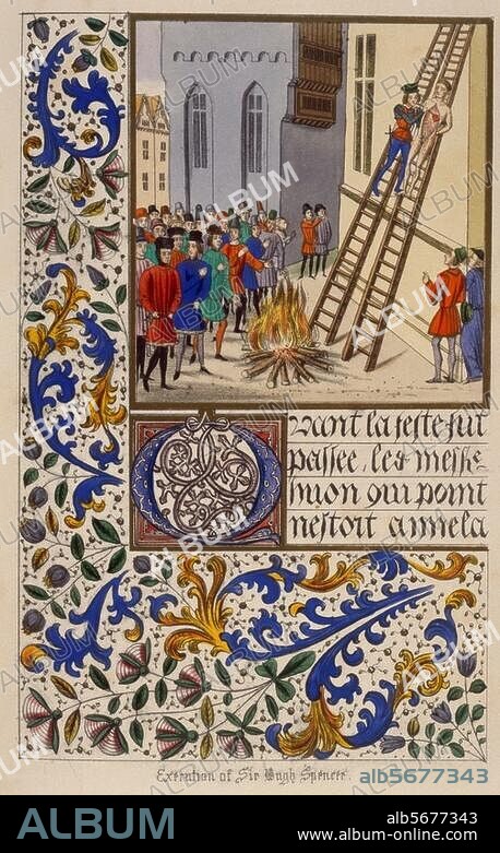 Despenser, Hug le (d. J.); Günstling König Eduards II. von England; hingerichtet 1326. "The Execution of Sir Hugh Spencer". (Hereford, 24. November 1326). Lithographie, kol., nach Buchmalerei. Aus: Illuminated Illustrations of Froissart, Selected (..) by H. N.Humphreys, London (W.Smith) 1845, pl. II. Berlin, Sammlung Archiv für Kunst und Geschichte.