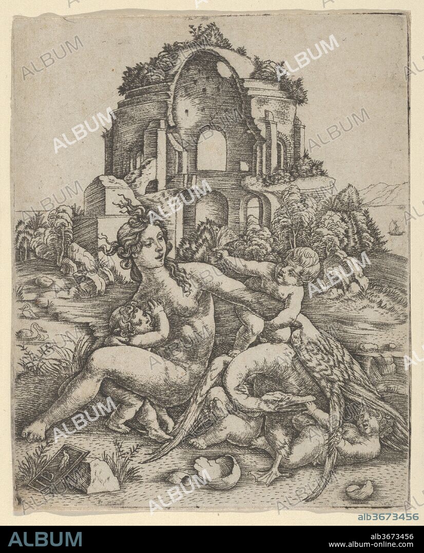 Leda and her children playing with the swan, with a Roman temple in the background. Artist: Giovanni Battista Palumba (Italian, active ca. 1500-1520). Dimensions: Sheet (Trimmed): 6 1/4 in. × 5 in. (15.8 × 12.7 cm). Date: 1500-1510.