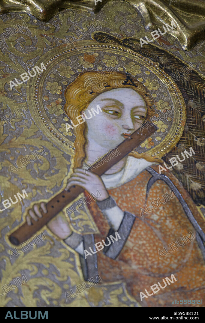 angel with medieval transverse flute, Mother of God of humility with musical angels altarpiece, Francesc Comes, 1390-94, Parish of La Mare de Deu dels Angels, pollensa museum, Majorca, Balearic Islands, Spain.