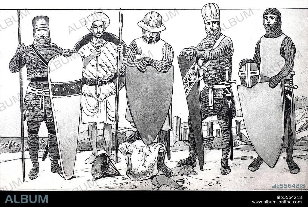 Clothing, fashion, knights in the Middle Ages, knights in various armours, from left, knight in chain mail in the 12th century, Saracen with two lances and round shield, a knight with iron hat and knight with high helmet in the shape of a mitre in the 13th century, knight in ring armour with hood and vest in the 13th century, digitally improved reproduction of an illustration from the 19th century