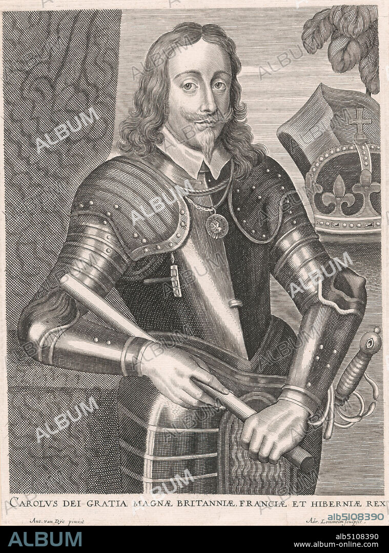 Carolus dei-Gratia Magnæ Brittanniæ, Franciæ et Hiberniæ Rex, Adrian Lommelin, c. 16371677, after Sir Anthony Van Dyck, 15991641, Flemish, active in Britain (162021; 163234; 163541), ca.1635, Line engraving and stipple engraving on medium, slightly textured, blued white, laid paper, mounted on, moderately thick, smooth, beige, wove paper, Mount: 15 × 11 1/16 inches (38.1 × 28.1 cm), Sheet: 11 1/4 × 8 3/8 inches (28.6 × 21.3 cm), and Image: 10 3/8 × 8 inches (26.4 × 20.3 cm).