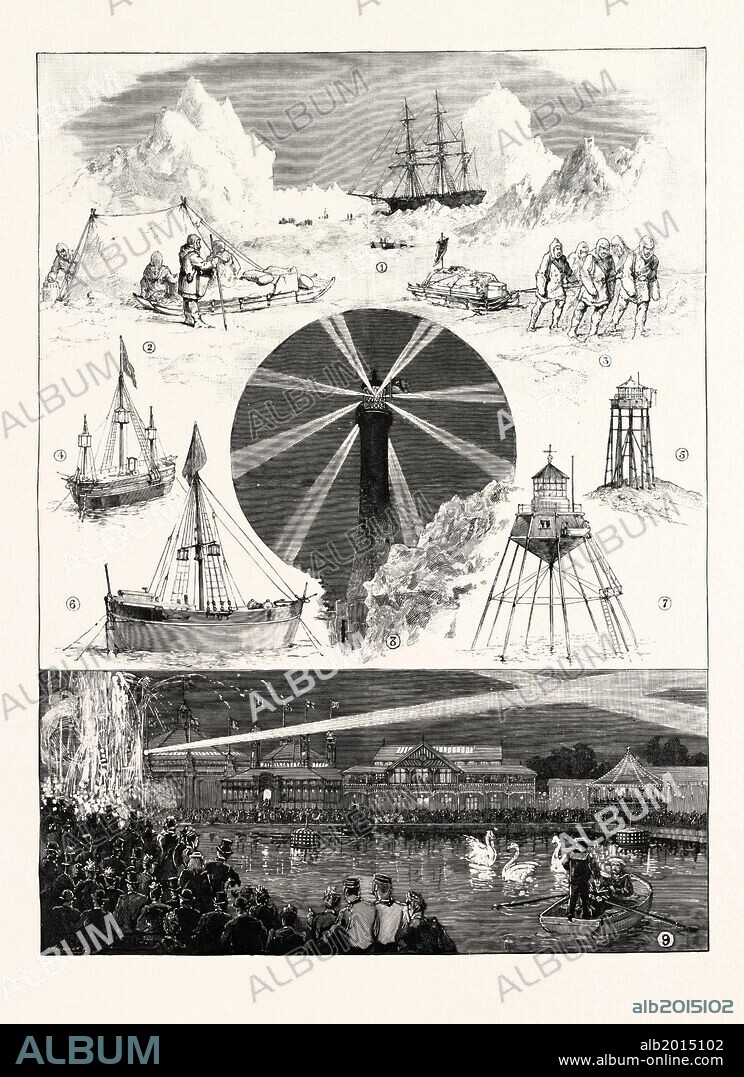 SKETCHES AT THE ROYAL NAVAL EXHIBITION: 1. H.M.S. Investigator at Winter Quarters in Merey Bay. 2,3. Arctic Groups in Franklin Gallery. 4. The Old Goodwin Lightship. 5. The Old Smalls Light, 1776. 6. Well or Dudgeon Lightship, 1786. 7. The Maplin Light, 1838. 8. The New Eddystone Lighthouse. 9. The Grounds at Night.