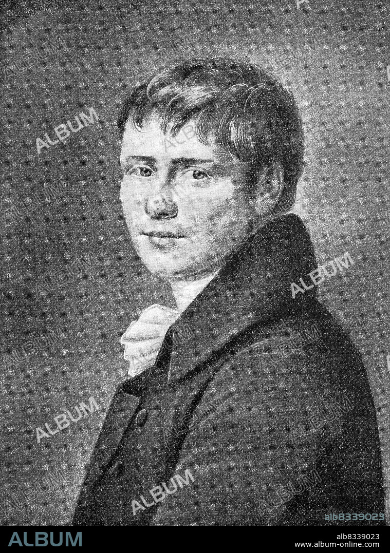Bernd Heinrich Wilhelm von Kleist, October 18, 1777 - November 21, 1811, a German dramatist, storyteller, lyricist and publicist, illustration by Peter Friedel, which the poet had made for his fianc©e Wilhelmine von Zenge in 1801 / Bernd Heinrich Wilhelm von Kleist, 18. Oktober 1777 - 21. November 1811, ein deutscher Dramatiker, Erz§hler, Lyriker und Publizist, Illustration von Peter Friedel, die der Dichter 1801 fºr seine Verlobte Wilhelmine von Zenge anfertigen lieü, Historisch, historical, digital improved reproduction of an original from the 19th century / digital restaurierte Reproduktion einer Originalvorlage aus dem 19. Jahrhundert, Originaldatum nicht bekannt.