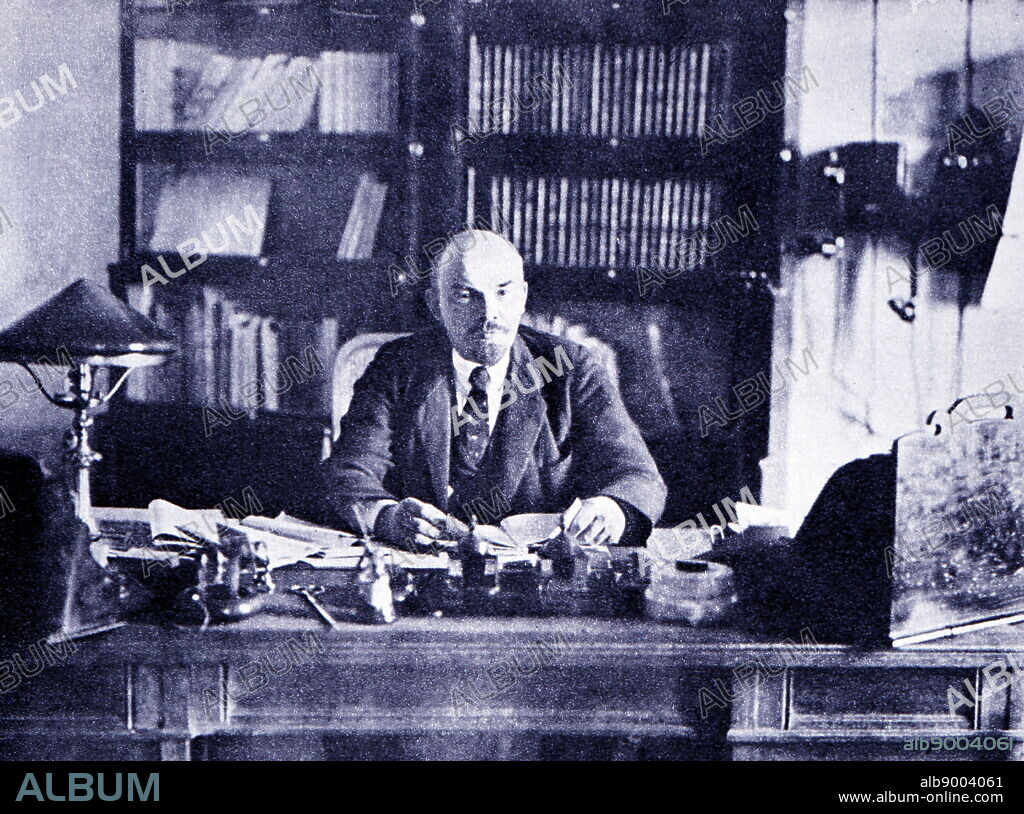 Vladimir Lenin at his desk in his office in the Kremlin. 1918, Moscow. Otsup P. A.