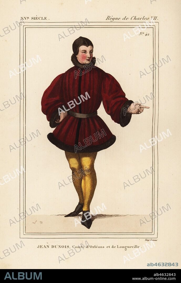 Jean Dunois, comte d'Orleans et de Longueville, Bastard of Orleans, chamberlain of France, 1402-1468. Handcoloured lithograph by Leopold Massard after a portrait in oil in Roger de Gaignieres' portfolio VII 9 from Le Bibliophile Jacob aka Paul Lacroix's Costumes Historiques de la France (Historical Costumes of France), Administration de Librairie, Paris, 1852.