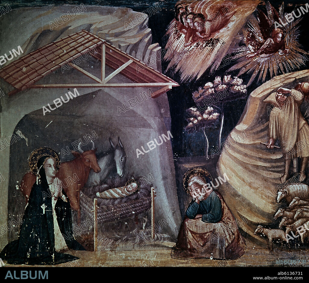 JAUME FERRER BASSA (1285-1348). LA NATIVIDAD - PINTURA MURAL DE LA CAPILLA DE SAN MIGUEL - SIGLO XIV - GOTICO CATALAN.