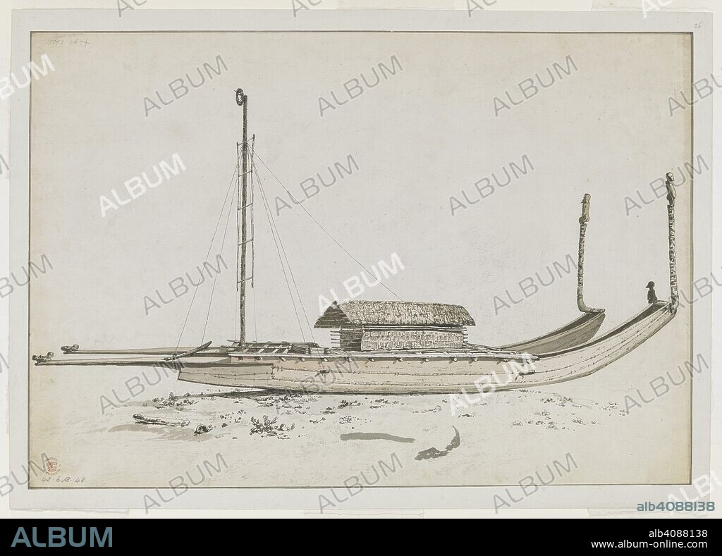 [Whole drawing] A double travelling canoe of Otaheite [Tahiti], with elaborate carving. Drawings executed by John Webber during the Third Voyage of Captain Cook, 1777-1779. 1777. Source: Add. 15513, No.26. Language: English.