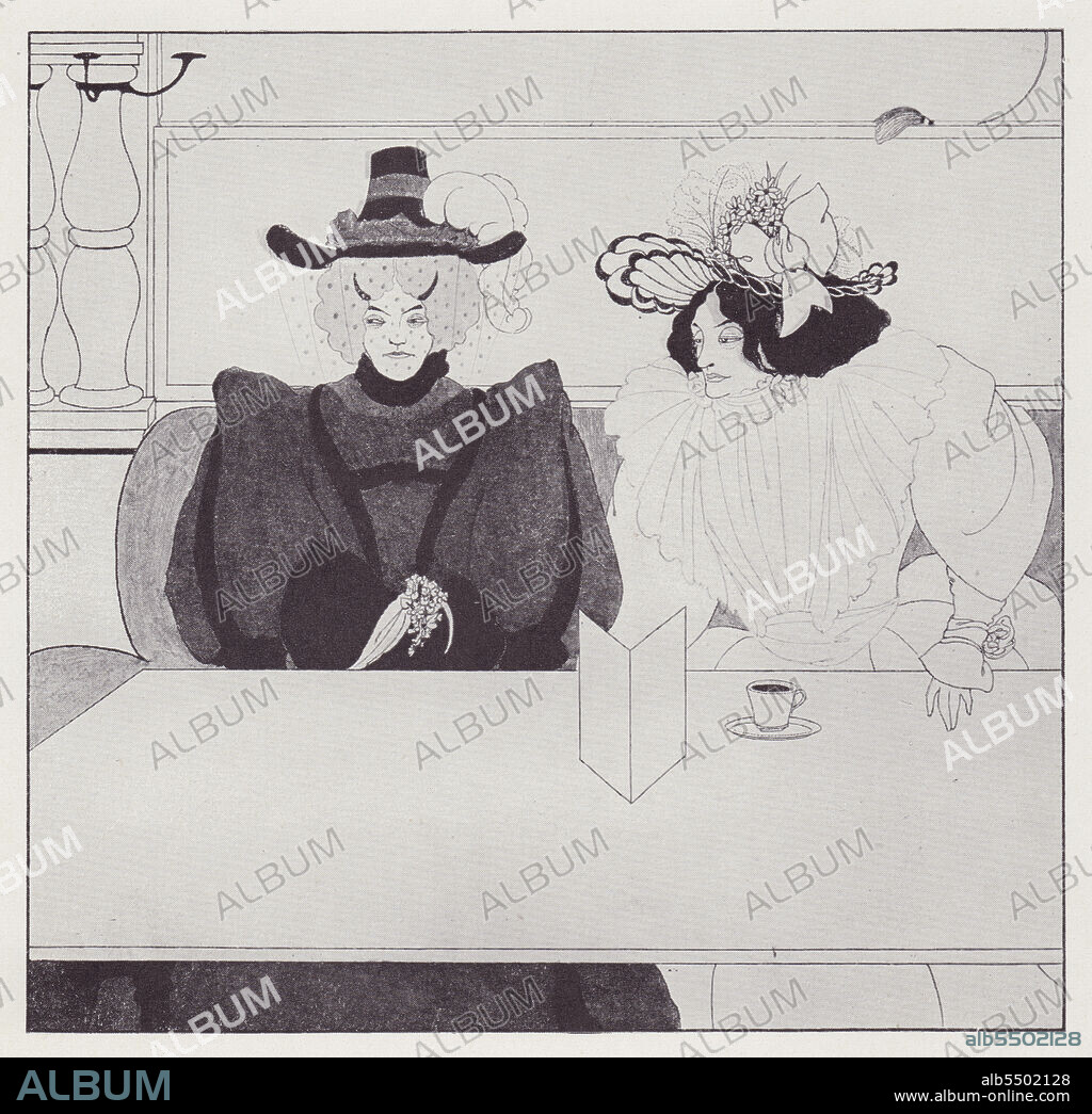 AUBREY BEARDSLEY. Black Coffee, 1895. A rare depiction of same-sex relationships; two women at a cafe table, one has her hand in the other's lap. The hairstyle of the woman on the left resembles devil's horns, hinting at the women's 'sinful' behaviour. Illustration intended for "The Yellow Book", Vol. V, but withdrawn, along with other plates, when publisher John Lane dispensed with Beardley's services as art editor of the magazine in the wake of the Oscar Wilde scandal. From "The Best of Beardsley" edited by R. A. Walker, [The Bodley Head, London, 1948].