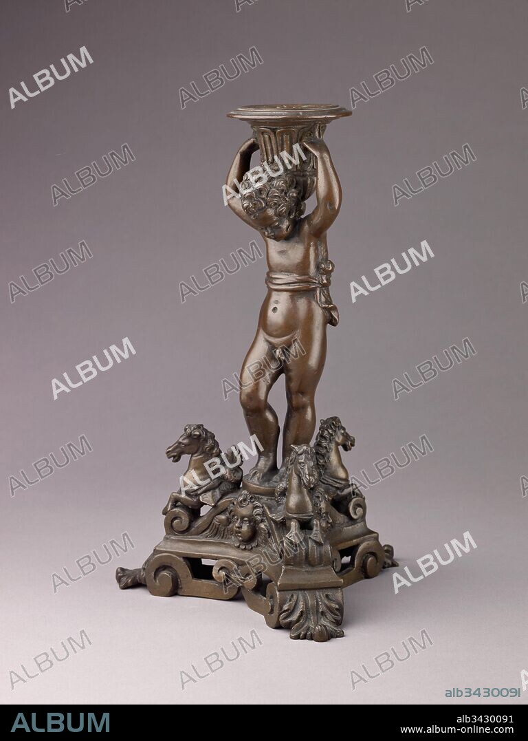 Candlestick in the form of a Putto, ca. 1600 or later, Italian, Venice, Bronze (Copper alloy with a dull patina varying from a reddish to olive green color)., H. 26.7 cm., Metalwork.