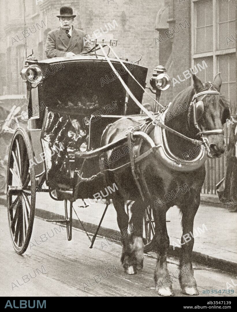 A Hansom Cab in London, England in 1910. From The Story of 25 Eventful Years in Pictures, published 1935.