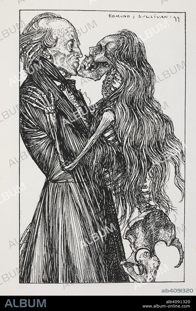 TENNYSON, ALFRED, 1ST BARON TENNYSON und EDMUND JOSEPH SULLIVAN. The vision of sin. A Dream of Fair Women and other poems. Selected and illustrated by Edmund J. Sullivan. With a postscript by the artist. F.P. London : G. Richards, 1900 [1899]. Source: K.T.C.104.b.1 facing 106.
