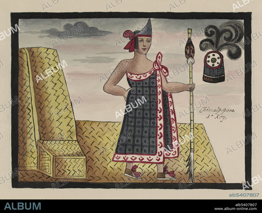 Chimalpopoca, holding a spear or scepter, standing on a reed mat and next to a basket-work throne. Above him is a smoking shield. Chimalpopoca (1417–1427) was the third Emperor of Tenochtitlan. On the day of Chimalpopoca's coronation in 1417 his brother Tlacaelel I was named high priest. From this point on the ecclesiastical and governmental offices among the Aztecs were separate. An expeditionary force from Azcapotzalco invaded Tenochtitlan, took Chimalpopoca prisoner and carried him to Azcapotzalco. There he was exhibited in a cage and kept on starvation rations. He committed suicide, hanging himself from a beam with his belt. (Another account says he was strangled by his captors.) The Tovar Codex (16th century) contains detailed information about the rites and ceremonies of the Aztecs. The codex is illustrated with 51 full-page paintings in watercolor. Illustration taken from a 19th century transcript of Juan de Tovar's Historia de la benida de los yndios apoblar a Mexico (the Co´dice Tovar).