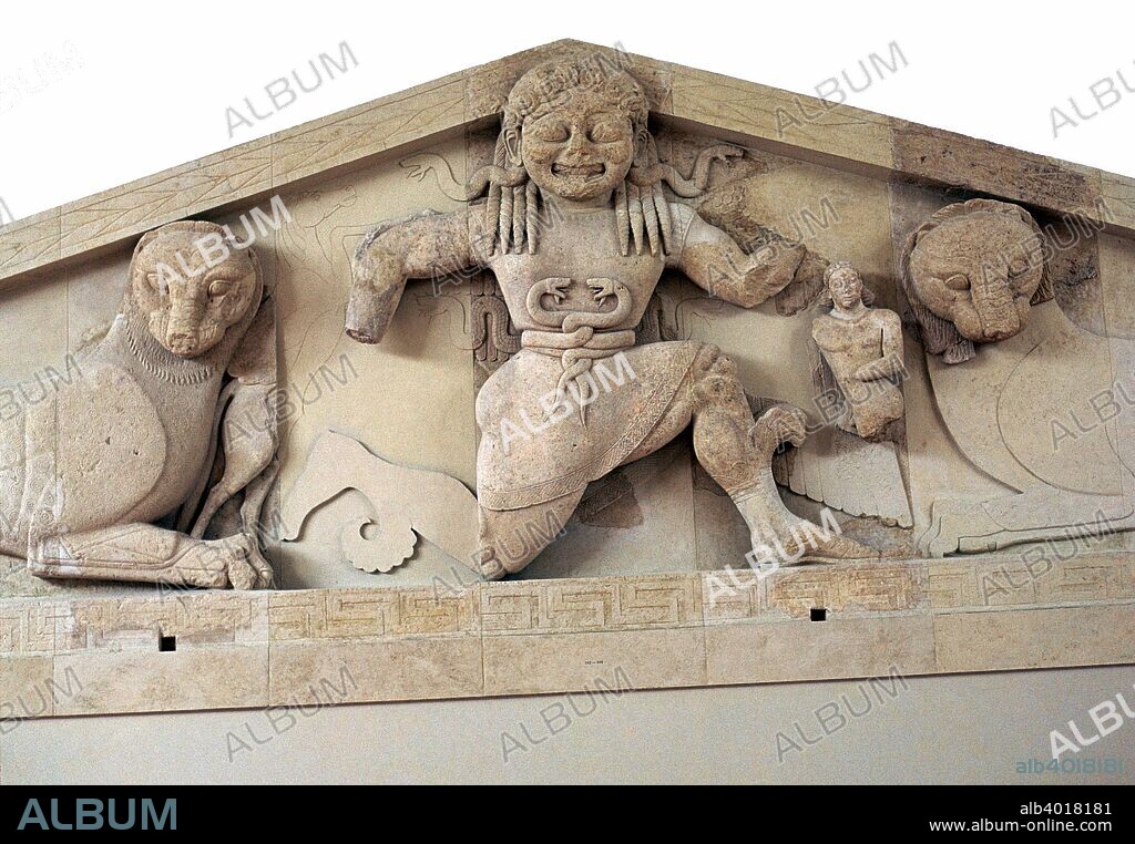 The archaic west pediment of the temple of Artemis on Corfu, showing Medusa in the centre fleeing from Perseus. On the left side is Pegasus, and on the right is Chyrisppus, the man with the golden sword. On either side are panthers, acting as protection for the temple. In the Corfu Archaeological Museum.