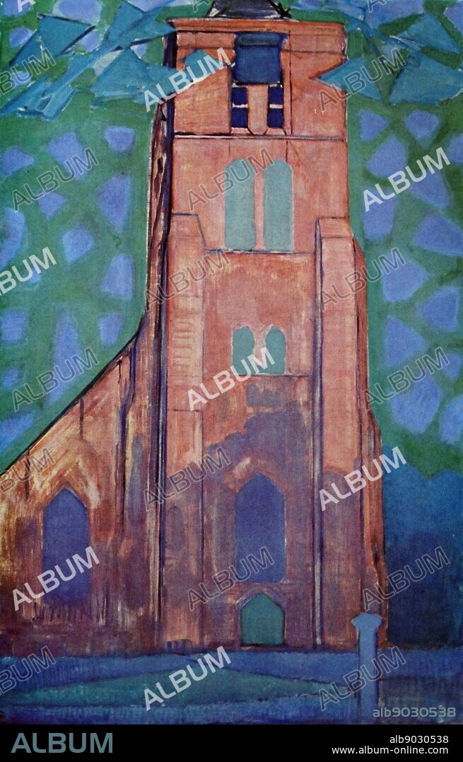 Painting by the famous Dutch artist Piet Mondrian (7th March 1872 - 1st February 1944), work titled 'Church tower Domburg' Painted between 1910 and 1911.