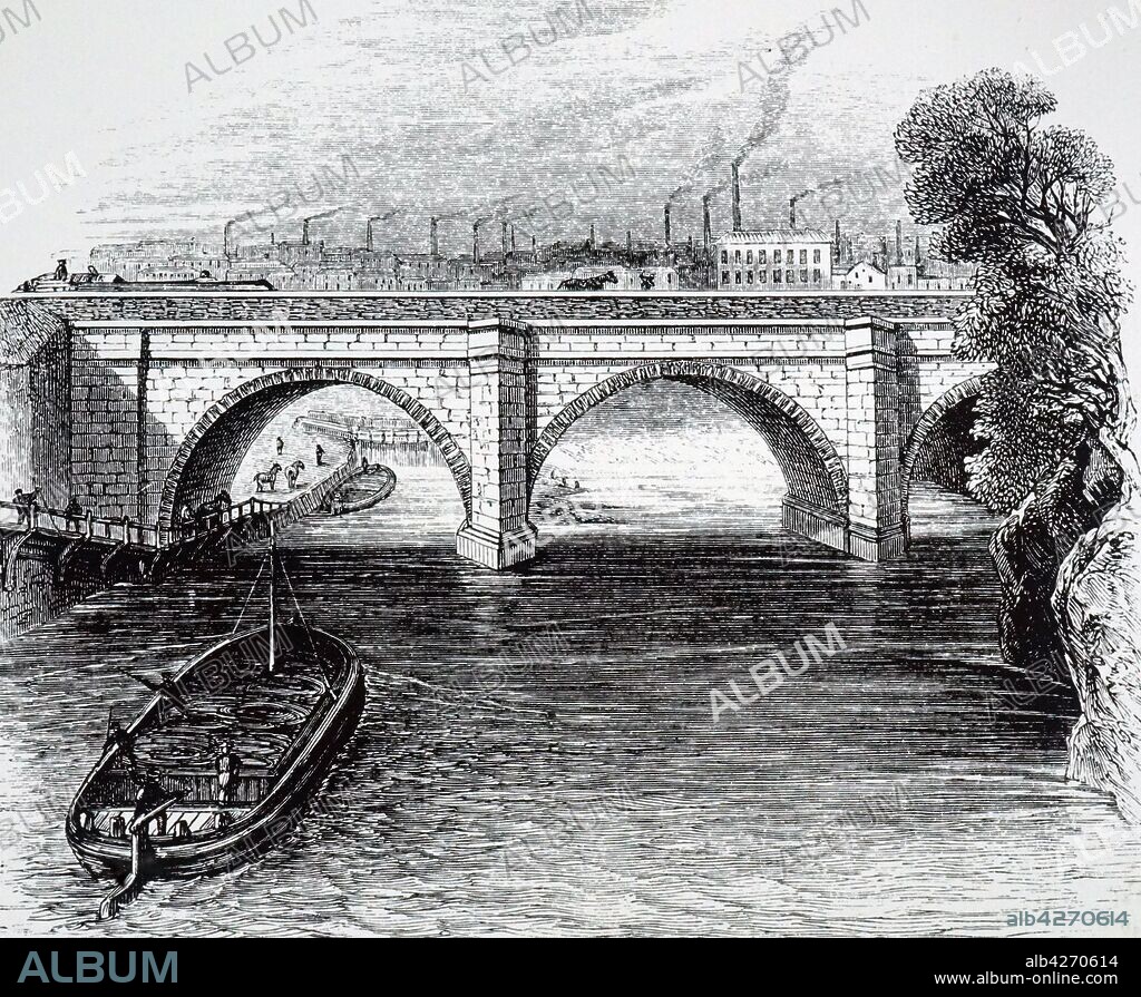 An engraving depicting the Barton aqueduct on the Duke of Bridgewater's Canal from Worsley to Manchester, built by James Brindley. James Brindley (1716-1772) an English engineer. Dated 19th century.