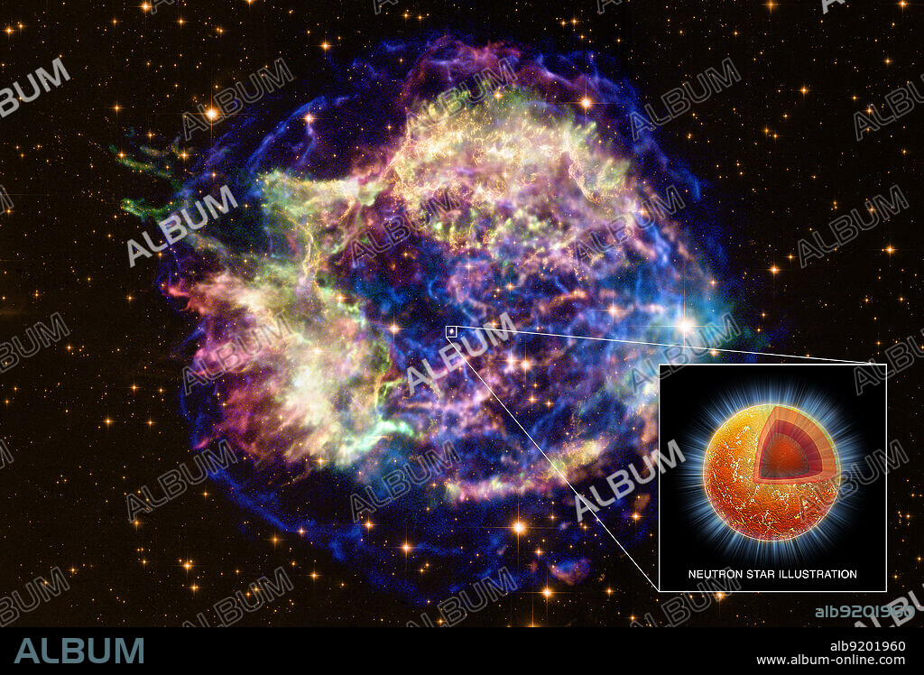 This composite image shows a beautiful X-ray and optical view of Cassiopeia A (Cas A), a supernova remnant located in our Galaxy about 11,000 light years away. These are the remains of a massive star that exploded about 330 years ago, as measured in Earth's time frame. X-rays from Chandra are shown in red, green and blue along with optical data from Hubble in gold. At the center of the image is a neutron star, an ultra-dense star created by the supernova. Ten years of observations with Chandra have revealed a 4% decline in the temperature of this neutron star, an unexpectedly rapid cooling. Cassiopeia A (Cas A) is a supernova remnant located in our Galaxy about 11,000 light years away in the constellation Cassiopeia. These are the remains of a massive star that exploded about 330 years ago, as measured in Earth's time frame. It is the brightest extrasolar radio source in the sky at frequencies above 1 GHz. At the center of the image is a neutron star, an ultra-dense star created by the supernova. Ten years of observations with Chandra have revealed a 4% decline in the temperature of this neutron star, an unexpectedly rapid cooling. This cooling is likely caused by a neutron superfluid forming in its central regions, the first direct evidence for this bizarre state of matter in the core of a neutron star. Release date February 23, 2011.