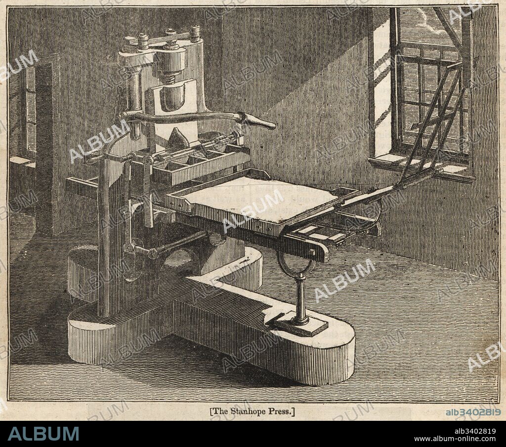 The first iron printing press invented by Charles Stanhope, 3rd Earl Stanhope. Woodblock engraving from the Penny Magazine, Society for the Diffusion of Useful Knowledge, 1833.