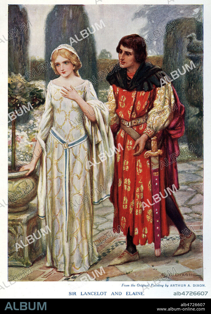 Sir Lancelot and Elaine. Illustration de 1914 par Arthur DIXON (19-20 s.) pour The lily maid repris dans Children's stories from Alfred TENNYSON (1809-1892). Credit : Jean Vigne/KHARBINE-TAPABOR.
