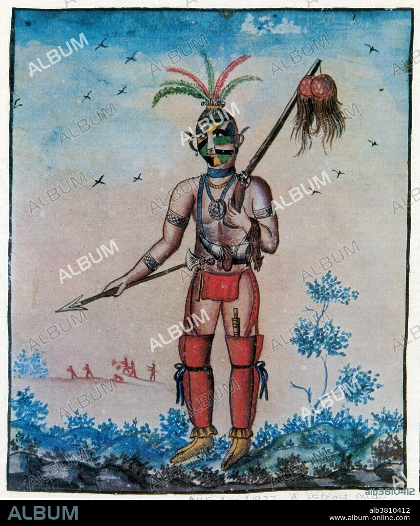 A mid-18th century painting by an unknown French artist of a Native American man with scalps in the area that is now Detroit, Michigan. During the French and Indian War, French colonists offered payments to Native Americans for British scalps.