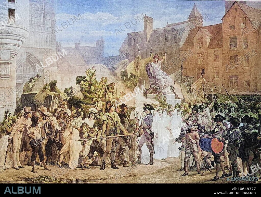 The festival of the Goddess of Reason in Paris in 1793, the Cult of Reason, French Culte de la Raison, like other revolutionary cults, was part of an ensemble of civil-religious festivals and beliefs during the French Revolution, ca. 1885, Historical, digitally restored reproduction from a 19th century original, The festival of the Goddess of Reason in Paris in 1793, the Cult of Reason, French Culte de la Raison, like other revolutionary cults, was part of an ensemble of civil-religious festivals and beliefs during the French Revolution, ca. 1885, Historical, digitally restored reproduction from a 19th century original, The festival of the Goddess of Reason in Paris in 1793, the Cult of Reason, French Culte de la Raison, like other revolutionary cults, was part of an ensemble of civil-r