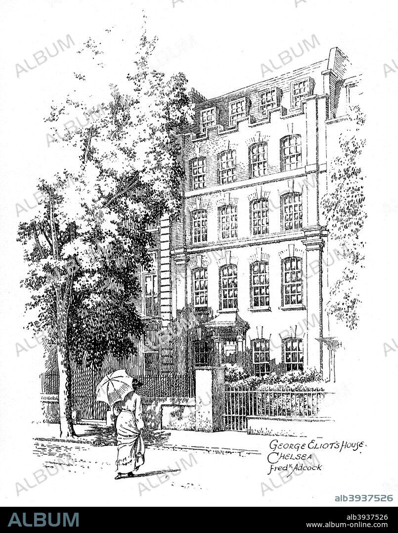 George Eliot's house, Chelsea, London, 1912. The home of English novelist Mary Anne Evans (1819-1880), better known by her pen name of George Eliot. Illustration from Famous Houses and Literary Shrines of London, by Arthur St John Adcock, (J M Dent and Sons, London, New York, 1912).