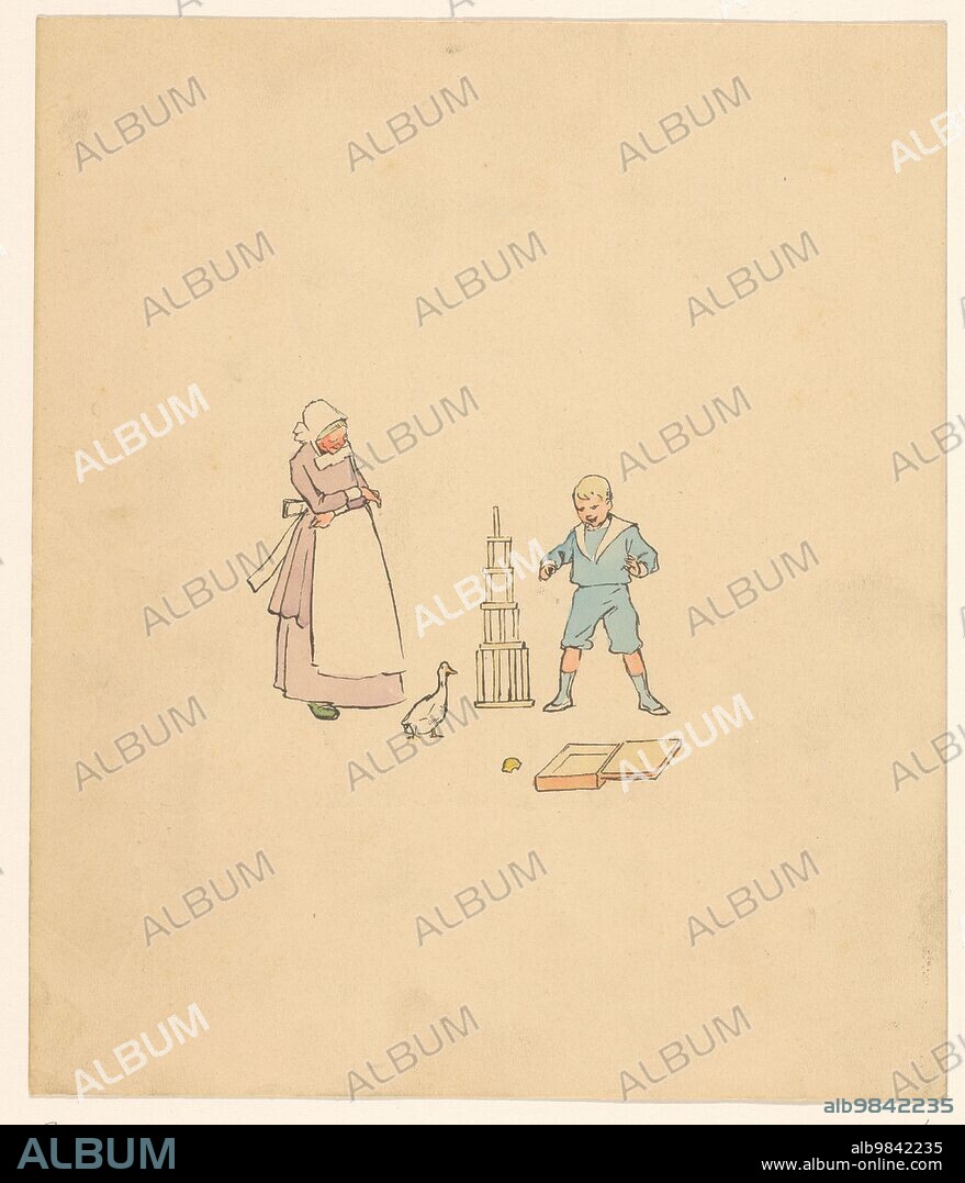 ANON. Boy and all over a block tower, c.1880-c.1910. A boy stands next to a tower of blocks, and looks at a goose that runs towards the tower. A woman watches.