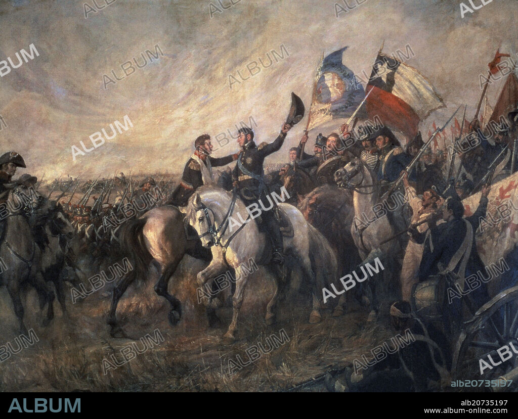 PEDRO SUBERCASEAUX (1880-1956). ABRAZO DE MAIPU ENTRE SAN MARTIN Y O'HIGGINS TRAS LA VICTORIA EN LA BATALLA DE MAIPU EL 5 DE ABRIL DE 1818 - 1908.