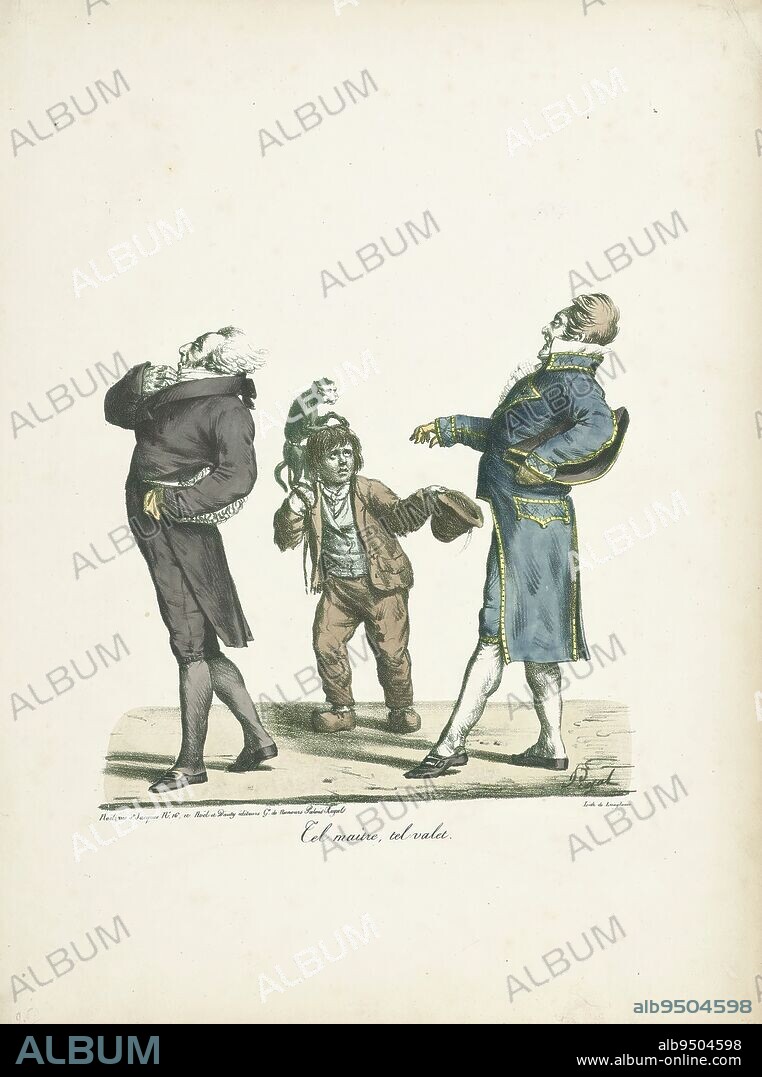 Man and his valet walk haughtily past begging boy, Tel maître, tel valet (title on object), print maker: Edme Jean Pigal, (mentioned on object), printer: Pierre Langlumé, (mentioned on object), publisher: Noël, (mentioned on object), Paris, 1818 - 1830, paper, height 363 mm × width 275 mm.