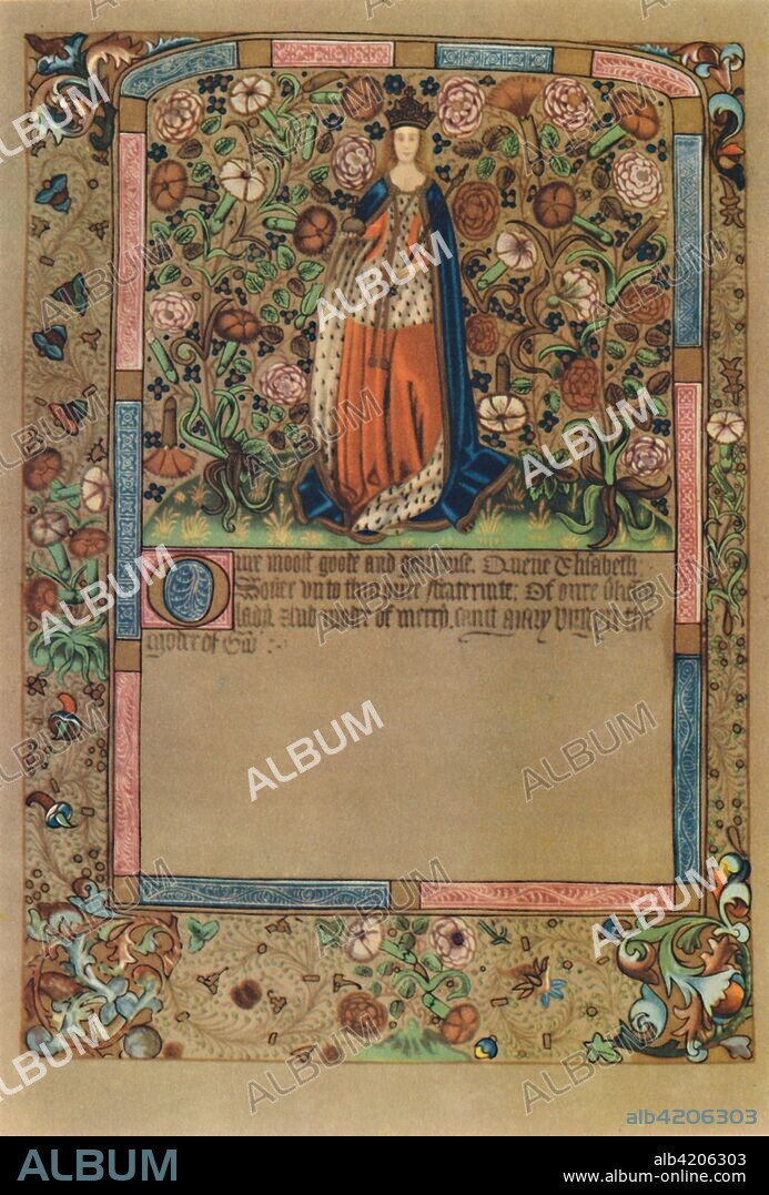 'Portrait of Queen Elizabeth, Wife of Edward IV and Member of the Skinners' Fraternity of Our Lady's Assumption', c1441-1689, (1948). Decorative manuscript page depicting Elizabeth Woodville (c1437-1492), Queen consort of England as the spouse of King Edward IV. She is shown wearing an ermine-trimmed robe and blue velvet cloak, against a field of stylised flowers. Illumination from "Book of the Fraternity of Our Lady's Assumption" in the collection of the Worshipful Company of Skinners, one of the livery companies of the City of London. From "The Guilds of the City of London", by Sir Ernest Pooley. [Collins, London, 1948].