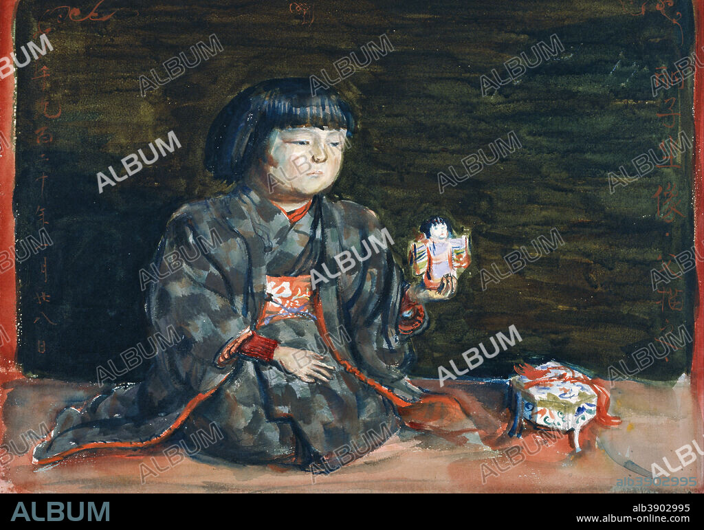 KISHIDA RYUSEI. Seated Portrait of Reiko with a Doll. Date/Period: 1920. Painting / watercolor painting. Paper. Height: 345 mm (13.58 in); Width: 475 mm (18.70 in).