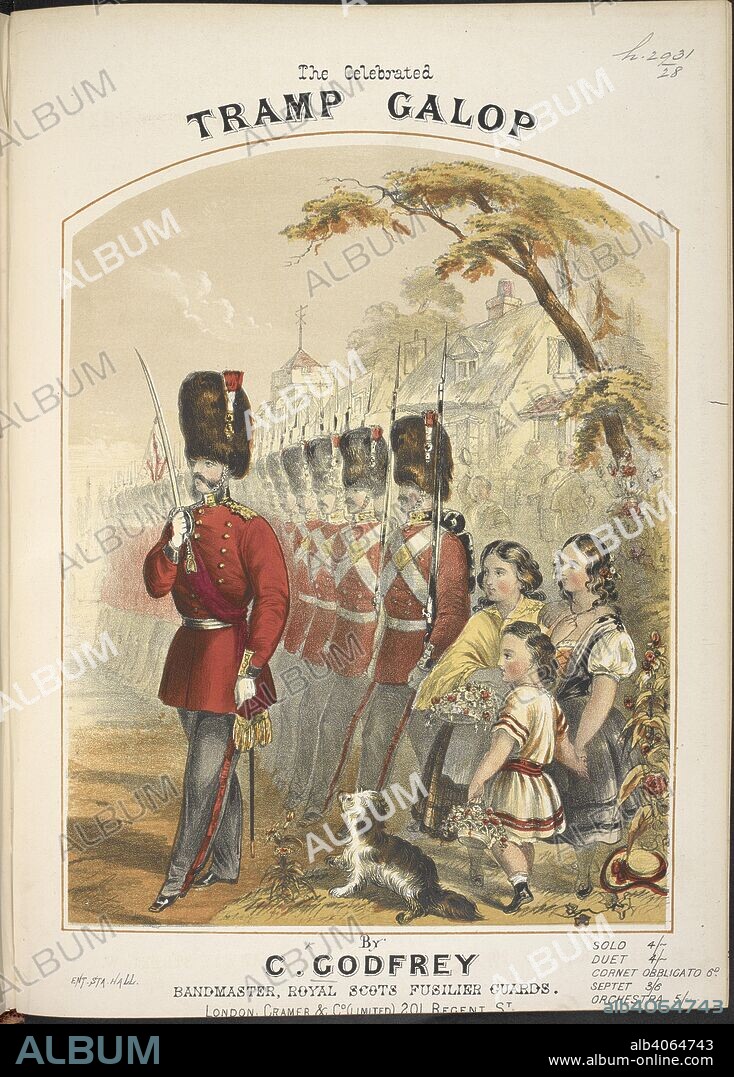 CHARLES GODFREY. Music cover showing British soldiers on parade. The celebrated Tramp galop. [P. F. solo.]. London, [1866]. Source: h.2931.(28).