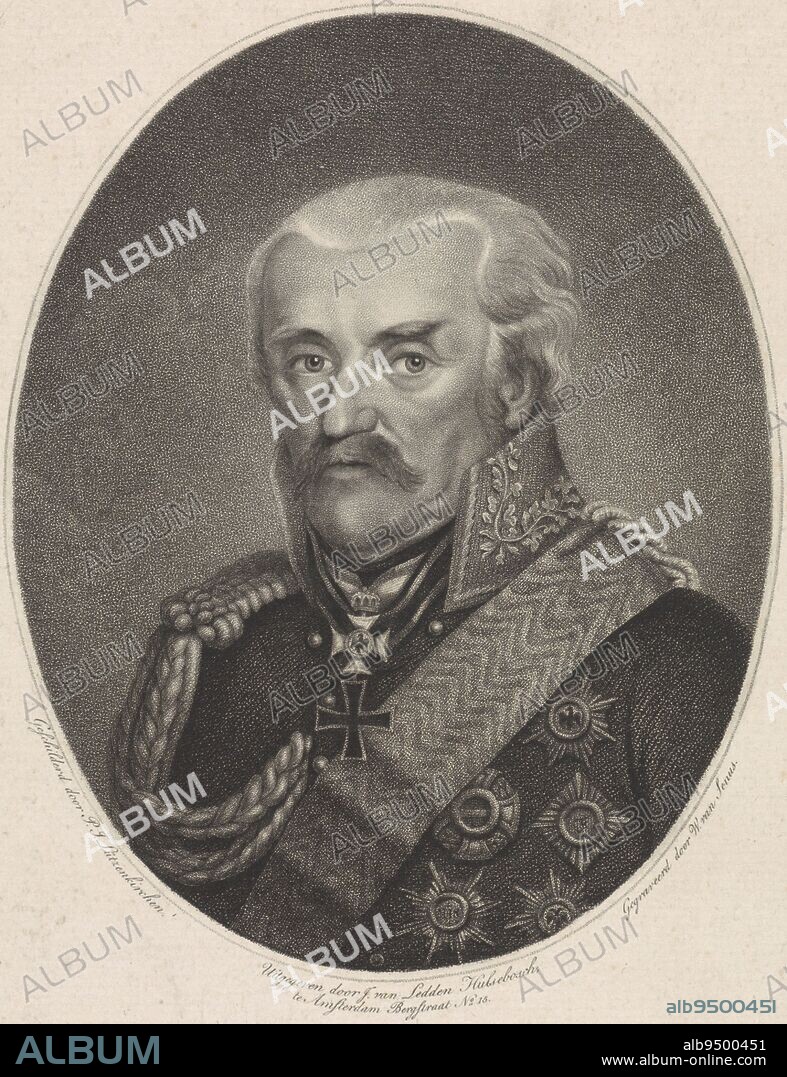 Portrait of Gebhard Leberecht von Blücher, William of Senus, after P.J. Lützenkirchen, 1815 - 1851, Portrait of the Prussian general Gebhard Leberecht von Blücher. He led his army against Napoleon Bonaparte in the Battle of Waterloo in 1815., print maker: Willem van Senus, (mentioned on object), after: P.J. Lützenkirchen, (mentioned on object), Marten Westerman, (mentioned on object), Amsterdam, 1815 - 1851, paper, etching, engraving, h 259 mm × w 197 mm.
