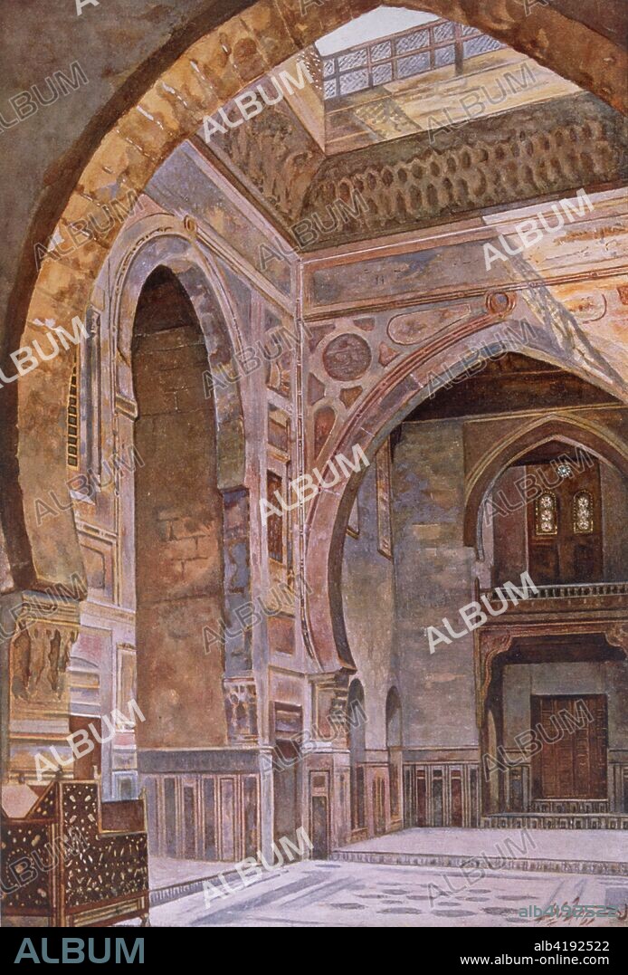 Mosque and Madrasa of Sultan Al-Ghuri, from The Mosques of Egypt from 21 to 1365 H; pub. 1949 (colour lithographgraph). interior scene of the Mosque and Madrasa of Sultan Al-Ghuri (c.1441-1516) built in 1504, in Cairo; from The Mosques of Egypt from 21H to 1365H (641AD to 1946AD), collated by Cresswell K.A.C. (1879-1974); published in Giza in 1949; collection of images and histories of the principal mosques of Egypt.